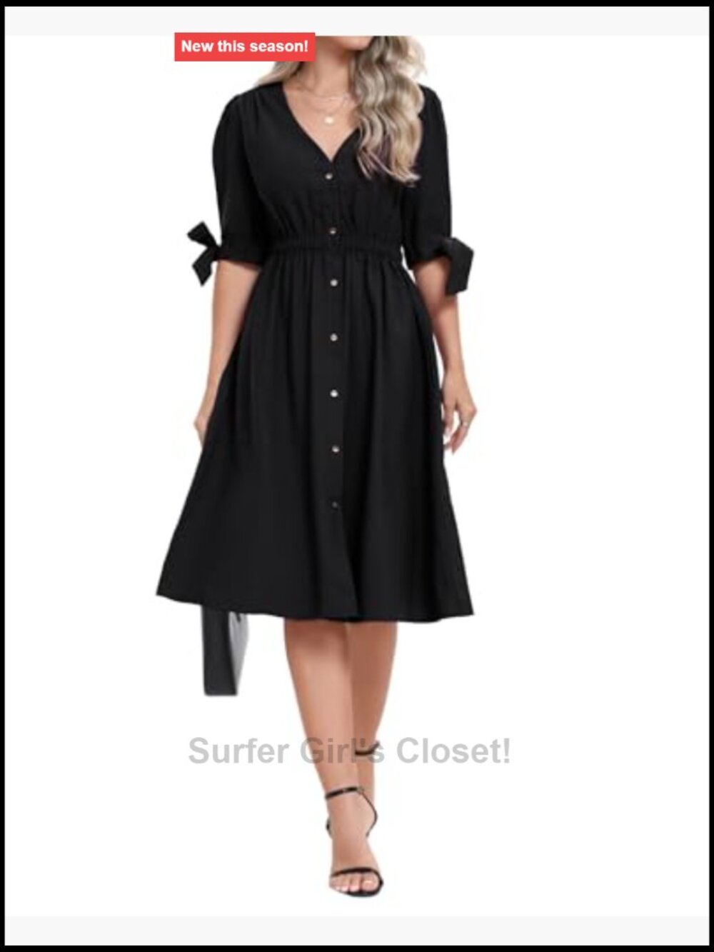 Women's Puff Sleeve V-Neck Button Tie Midi Dress Rayon Blend A-Line - Picture 4 of 7